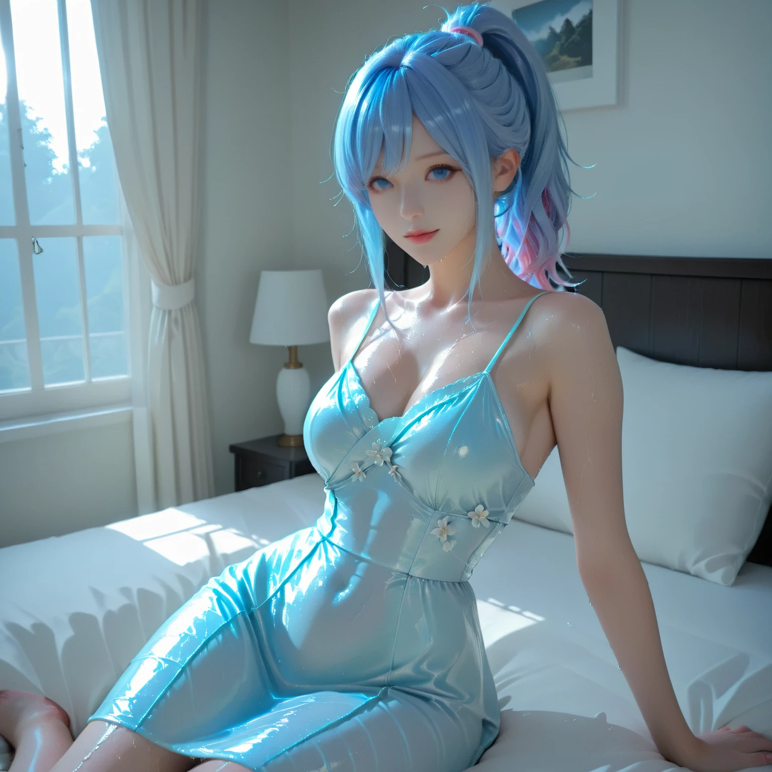 (nsfw), <lora:blue_sweater_bikini:0.85>, 1girl, blue sweater bikini,(gignatic breasts:1.35),cleavage cutout, short sleeves, ((side boobs, clothing cutout)), sitting on the bed, upper body, white thighhighs, (aqua hair, long hair), (cowboy shot),(masterpiece, high quality, best quality), (colorful),(delicate eyes and face), volumatic light, ray tracing, extremely detailed CG unity 8k wallpaper,solo, ((flying petal)),(from side:0.6), indoors, bedroom, bed, flowers, window, curtains, table,