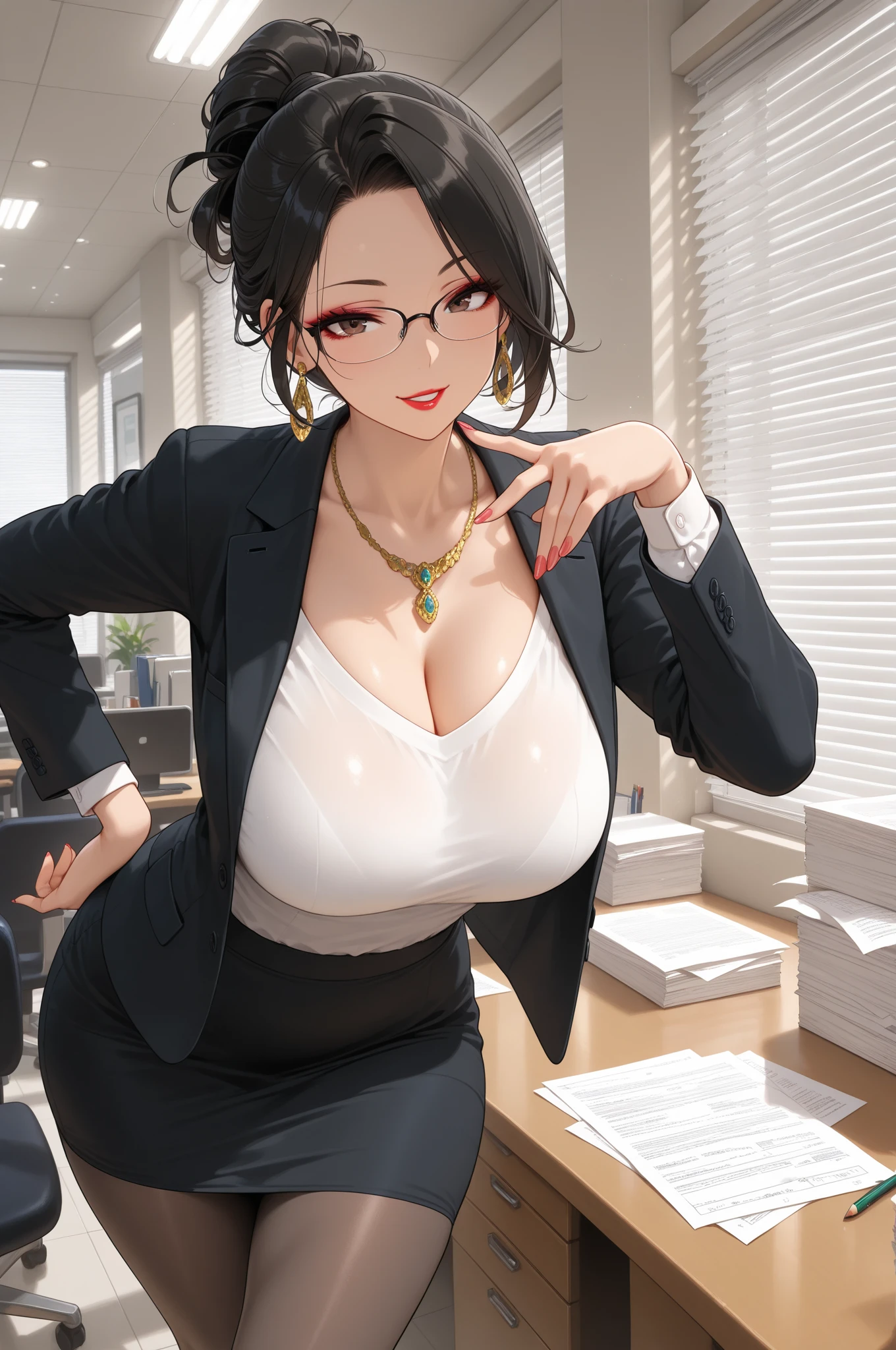 masterpiece, best quality, beautiful woman, detailed hairstyle, sweated cleavage, lewd, blush, completly sweated, hoop earrings, golf bangle, choker, indoors, <lora:eleanor_butterbean:1> eleanor butterbean, black hair, makeup, lipstick, short hair, glasses, green eyes, tinted eyewear, mole <lora:PovFromBelowV1:1> from_below,  foreshortening
