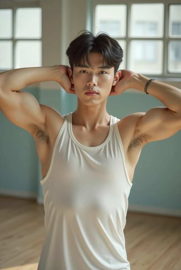 full body, 1 person, 18 year old, muscular man, korean, topless, wearing white jockstrap, sexy, soft light, Masterpiece, best quality, photo realistic, classroom.