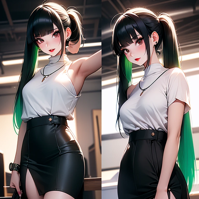 (Best Quality), ((Masterpiece)), (Detail: 1.4), 3D, (A Beautiful Cyberpunk Style Female Image: 1.5), ((Sexy Mature Woman)), (Multiple Poses), HDR (High Dynamic Range), Ray Tracing, NVIDIA RTX, Super-Resolution, Unreal 5, Subsurface Scattering, PBR Texture, Post-processing, Anisotropic Filtering, Depth of Field, Maximum Sharpness and Clarity, Multi-layered textures, albedo and highlight maps, surface shading, precise simulation of light-material interactions, perfect proportions, perfect figure, Octane Render, two-color light, large aperture, low ISO, white balance, rule of thirds, 8K RAW, big breasts, long black hair, delicate facial features, black mixed yoga pants mecha style, yellow graffiti background