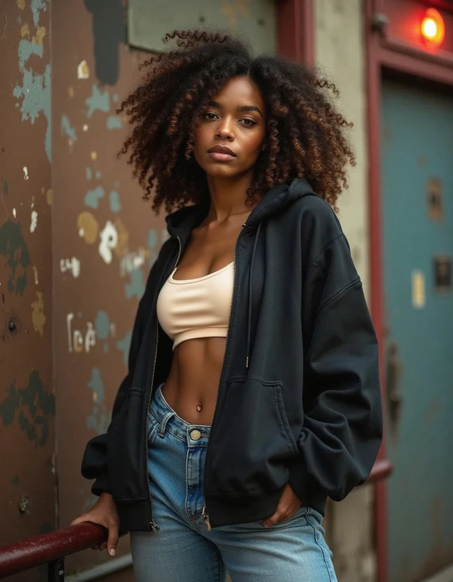 melanin, une femme afro-americaine, beau visage ,yeux marrons, weighs 120 kg,belle jambe lisse, bien foutue [clivage|curved|Gros cul], porter du streetwear, marcher dans le ghetto américain