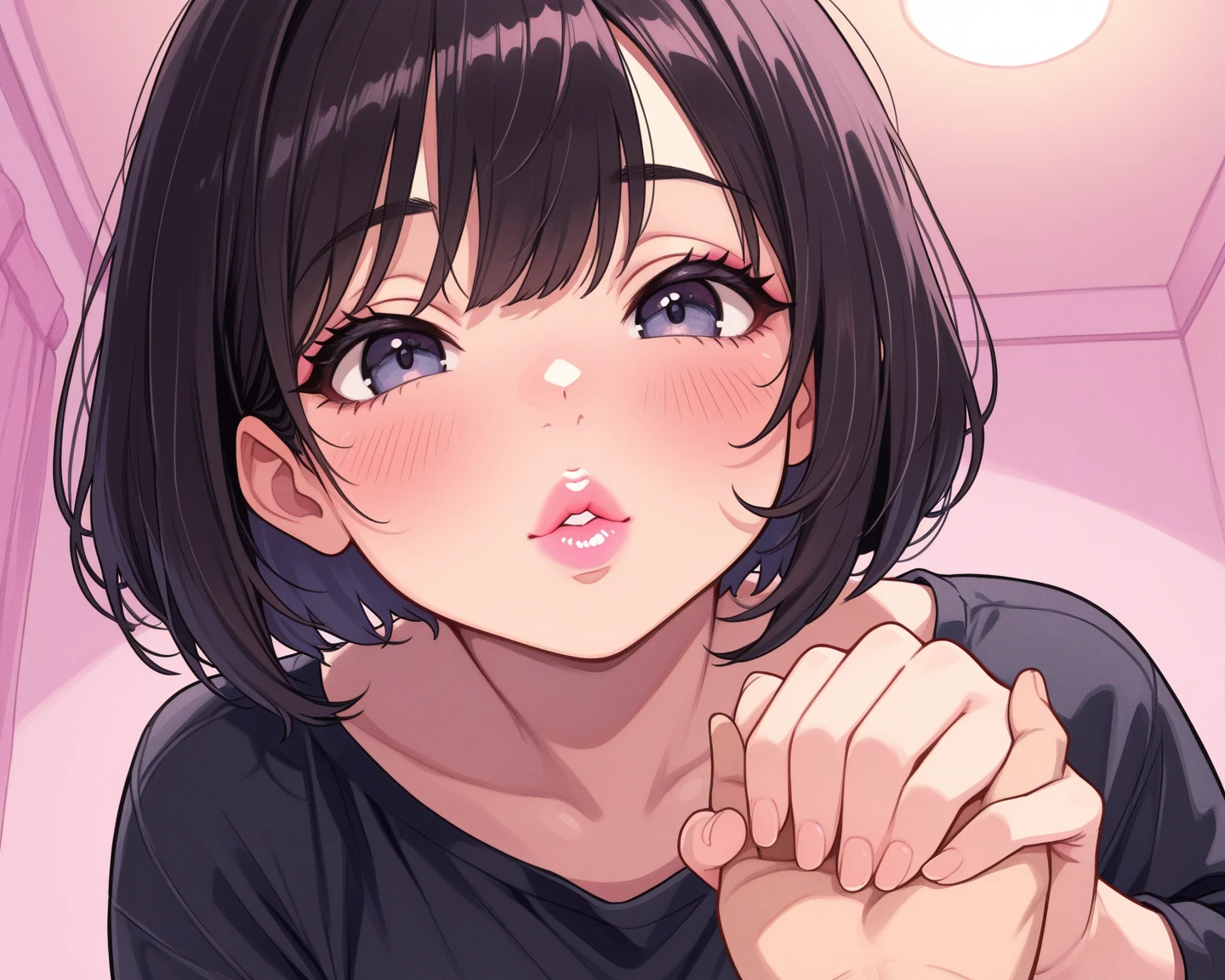 (beautiful cute girl:1.3),(Small breasts 1.0),((black  hair:1.2)),(lshort hair:1.1),(blossom-pink eyes:1.2),(PRİNCESS:1.1),((White neglected:1.2)),open your mouth,(Sucking:1.25),(bed room:1.2),close-up Face,((large size penis:1.1)),(fellatio,Hold in mouth:1.25),(Saliva:1.2),(tears:1.1).