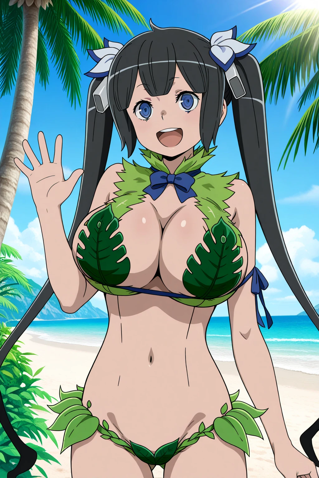 anime screencap, beach, 1girl, black hair, short hair, twintails, yellow eyes, huge breasts, witch hat, bikini, smile, looking at viewer