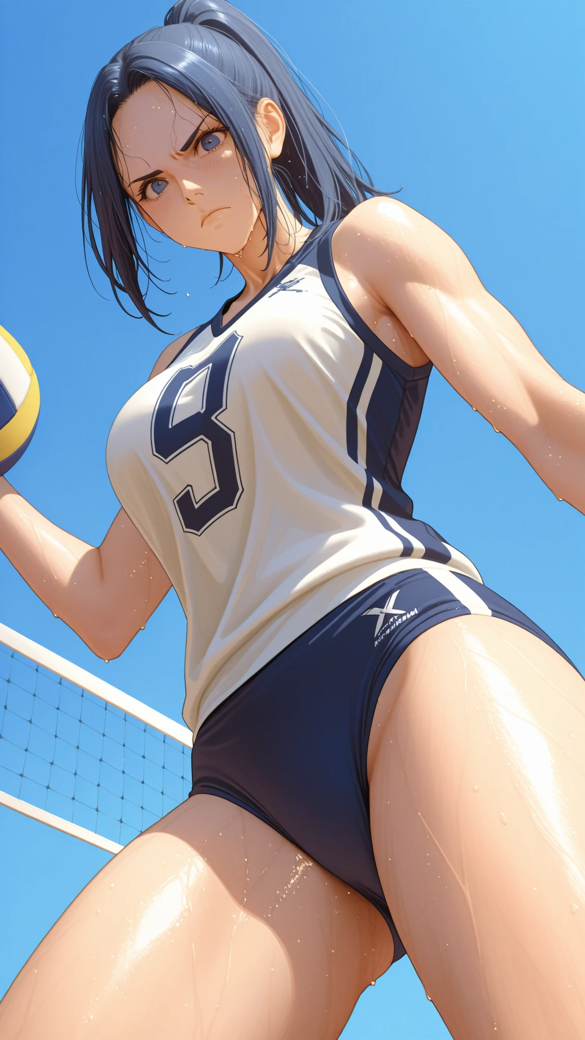 UHD, anatomically correct, 8k, ultra high res, (((masterpiece))), (((best quality))), (((ultra detailed))), (((high-resolution))), ((super fine illustration)), ((Ultimate cutie)), detailed beautiful face, shiny hair, potbelly, (curvy), medium breasts, (Thick thighs), solo, one girl, (gyaru), shiny hair, ((happy)), ((smile)), ((blush)), 
BREAK, ((Beautiful spherical shape 6-inch volleyball between thighs)), 
BREAK, (((buruma))), ((sleeveless volleyball uniform)), (knee pad), ((sweat)), (covered in sweat), (heavy breathing), sense of depth, in volleyball court, gymnasium, looking at viewers