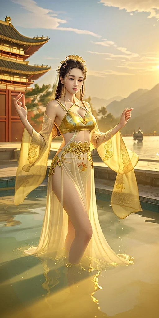 Beauty, sexy, bare breast, cleavage, bare legs, see-through, , Hanfu, wet, clear, realistic, highest detail, Chinese mythology, dragon pattern, phoenix, sacred, holy, countless palaces in the distance, clouds, golden light, golden lotus, huge pool (tianchi bathing), men peeping in the distance