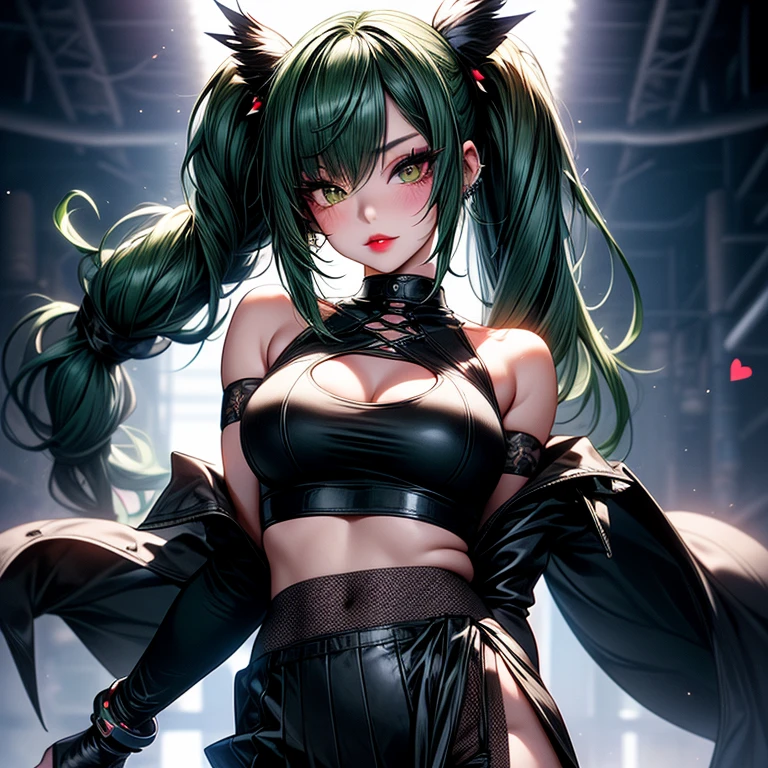 (((top-quality, masterpiece))), (best quality), (detailed), depict young ninja girl, determined, smiling, highly detailed beautiful face, delicate girl, delicate face, (((green hair))), short hair, (red headband), purple eyes, (((small breasts))), nice hips, flat belly, slim waist, define collarbone, ((black mask cover mouth)), (silk purple jacket), open belly, (((cute black lace bra))), black gloves, (((black sill shorts))), ((red rope around short)), ((red stocking)), cinematic shadow, extremely detailed and beautiful background, Japanese atmosphere, ninja atmosphere, she draws daggers