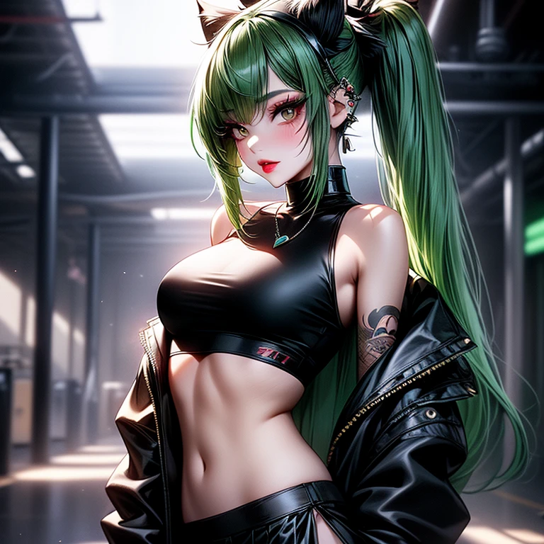 living doll, slut, girl, green hair, miniskirt, red lips, black eyes