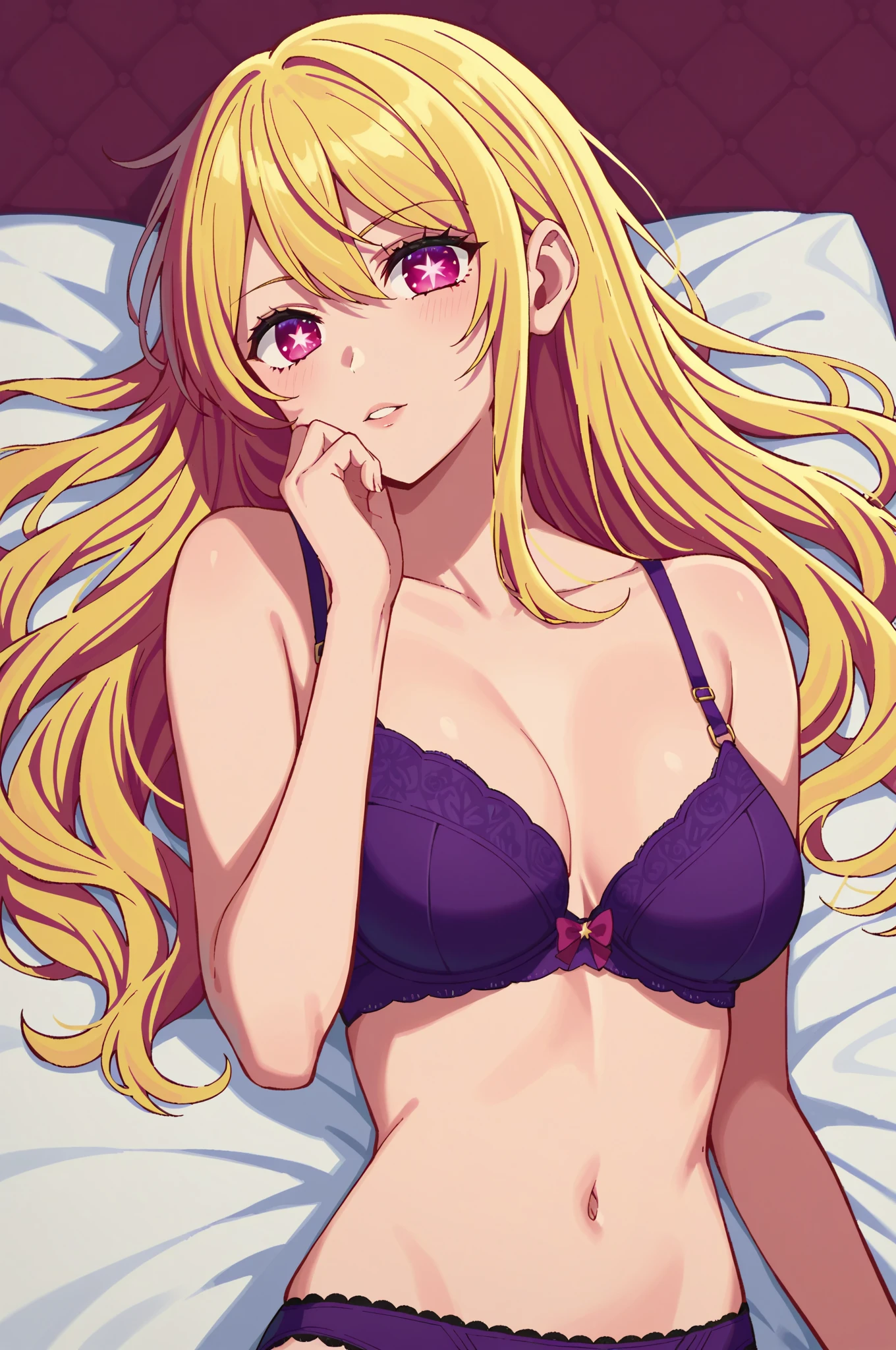 (masterpiece, highest quality), marin kitagawa, beautiful girl, Lying, (detailed beautiful eyes) underwear, full body shot, long blonde hair, pink eyes, visible belly button