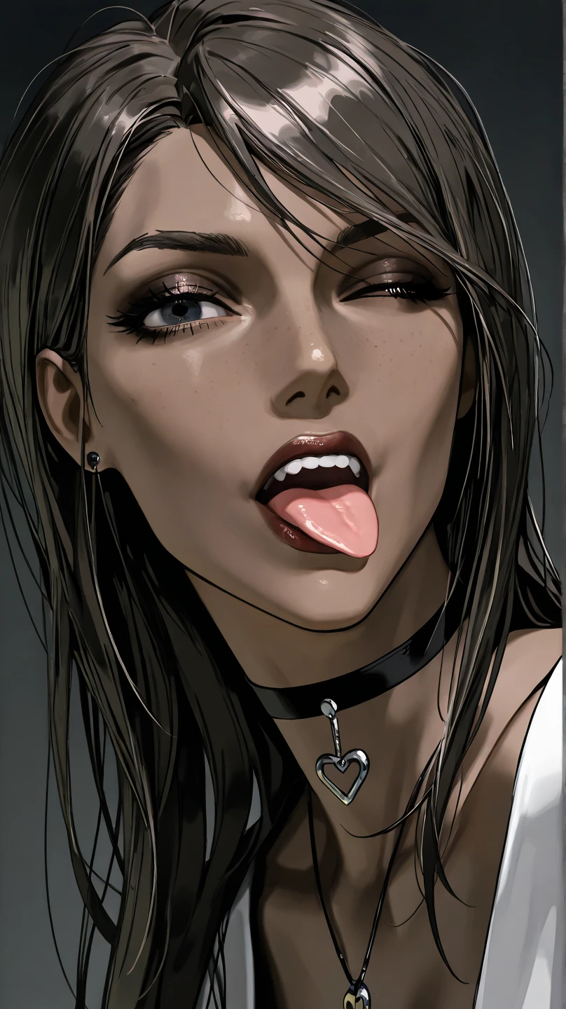 score_9, score_8_up,score_7_up, score_6_up, score_5_up, score_4_up, woman, best quality, highres, portrait, solo, beautiful, makeup, soft lips, hermione, grimace, put out your tongue, large cleavage, snake double tongue, latex micro bikini, black choker