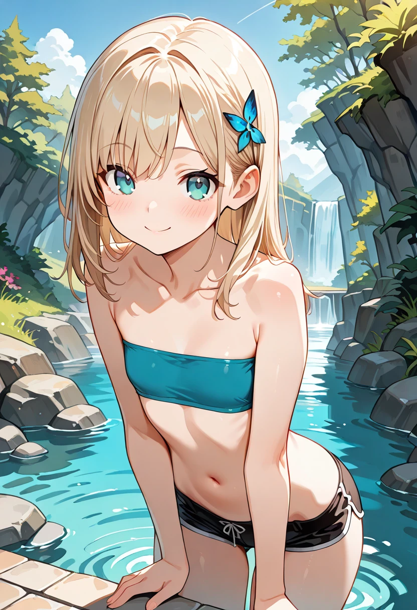 17 years old Women, ((Blonde)), ((Blue eyes)), ((Short hair)), ((Full shot)), very detailed makeup, pale pink lipstick, long earrings, posing as a model with a red micro bikini, lying in front of a waterfall, her entire body can be seen