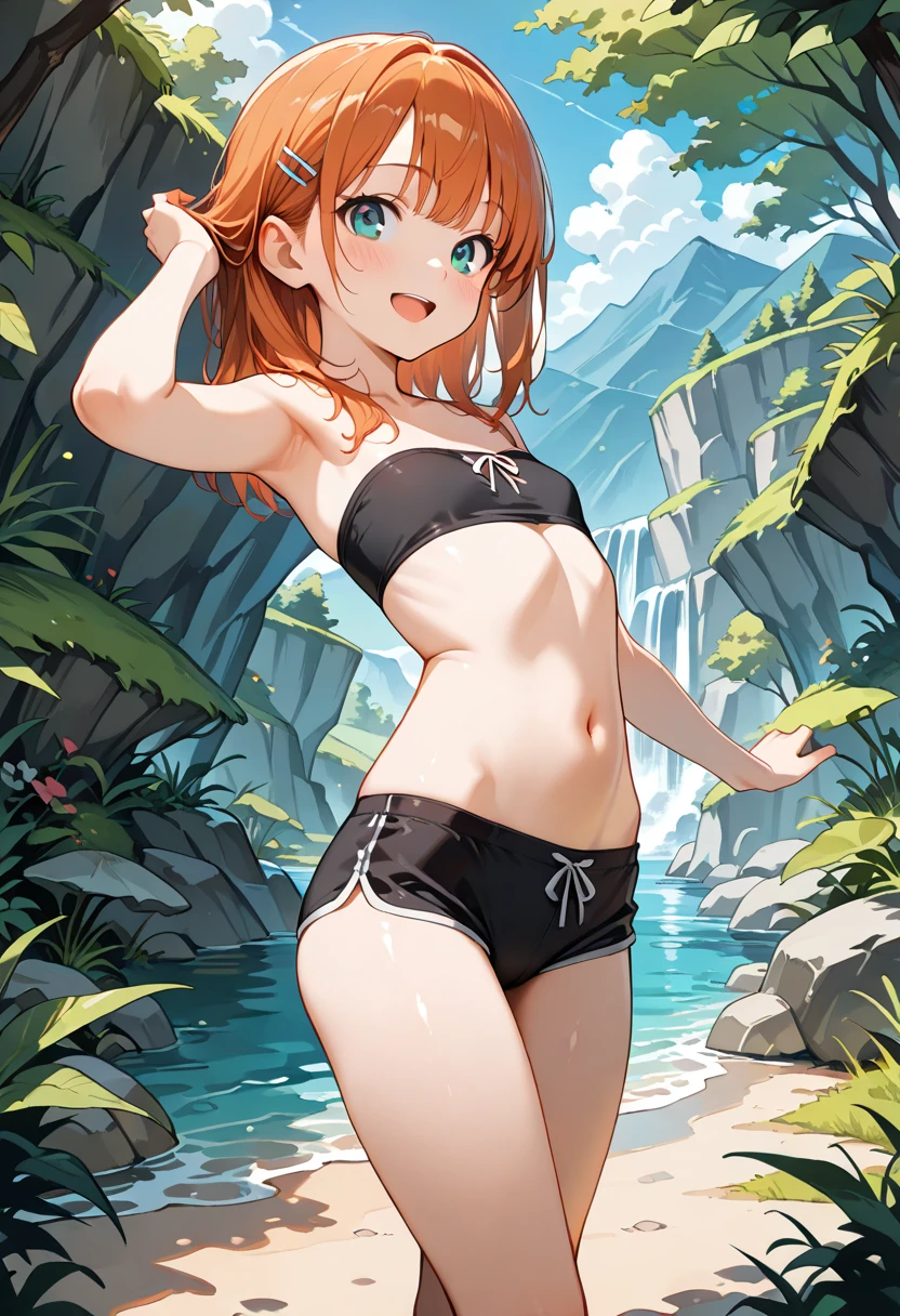 sfw,Girl with blonde hair and freckles,Girl swiming In The forest's river,1girl in,Blonde hair,Side tail,offcial art,Unity 8k,ultra-detailliert,Beautiful and aesthetic,masutepiece,top-quality,dynamic ungle,cowboyshot,Timost Beautiful Chaos Formo,Elegant,Abralist Design,vivd colour,romanticism,watercolor paiting, bra,((underwear))