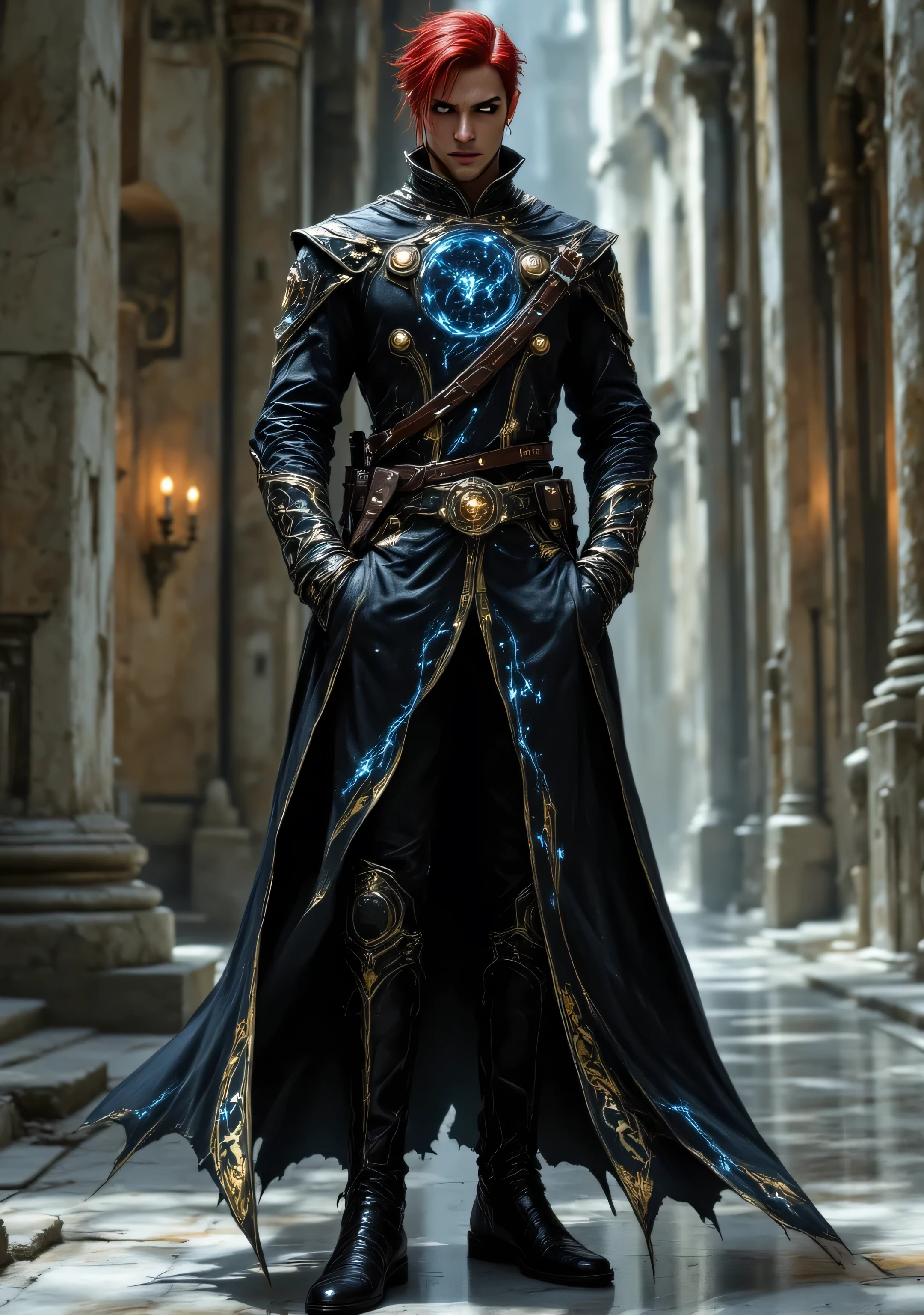 Ok create the image of a man of approximately 18 to 20 years of age. He has a youthful appearance he has 1,80 de altura magro, but with a good physical constitution. He has both hands in his pocket. He wears modern dress clothes, but at the same time combined with a more medieval style. He also wears in quotes. An overcoat vest or jacket something In this style that he places over his shoulders in black color. With the light blue tips. Create color variations His clothes going to red Black dark blue he wears Boots of the boot style on your feet a serious posture by imposing at the same time confident, HIS HAIR IS RED. relatively short he is standing the image of a full body and a modern Arcane time but at the same time with a slightly medieval design their clothes are modern but stylish a bit for medieval wizard robes to return from their adaptation. Between these two create variations of this. he is standing amidst a setting of an Arcane temple with walls made of marble and several Pillars surrounding it