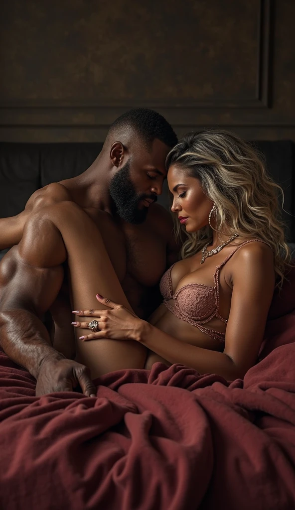 Idris Elba is caressing Jennifer Lopez and they are completely naked and  in extremely lustful and erotic sexy pose. Focus on the naked HUGE thighs and HUGE breasts. Jennifer Lopez face is extremely lustful and erotic. They are both lying together in bed in an extremely lustful and erotic pose. Jennifer Lopez is wearing a see through pink abaya