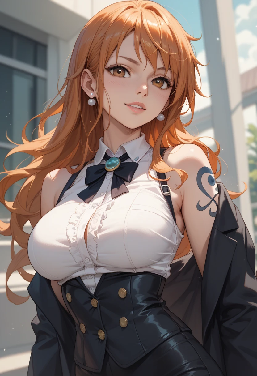 masterpiece, best quality, girl, gyaru, orange hair, bangs, bangs pinned back, feather hair ornament, wide eyed, aqua eyes, large breasts, thighhighs under boots,