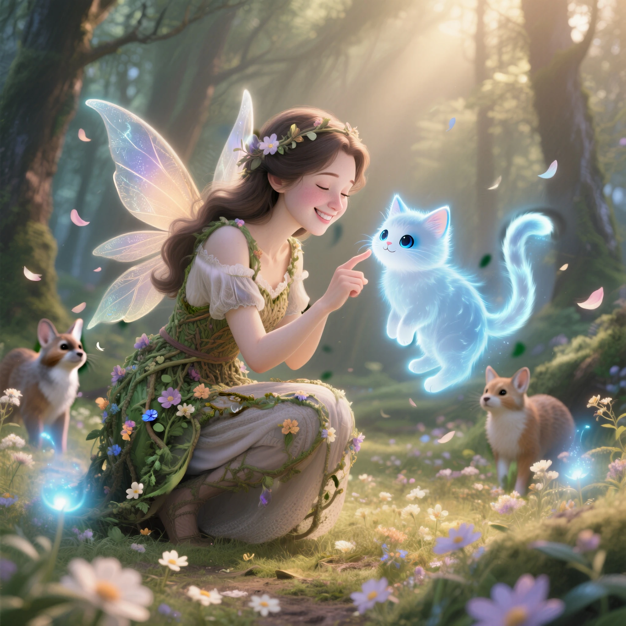 yodeling forest, fairy, cute laughing, flower garden, friendship, playing, glowing, plants, realistic , friend --auto --s2
