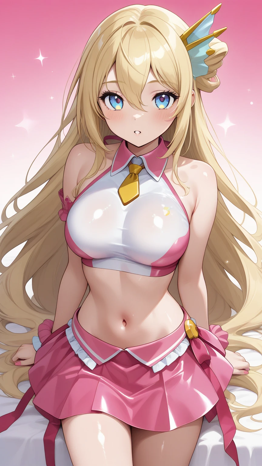 nsfw,,perfect body,perfect hands,small breasts,smile with open mouth,blonde,magical girl costume,frills,simple background ,hair ornaments,pink eyes,best image quality,highest quality