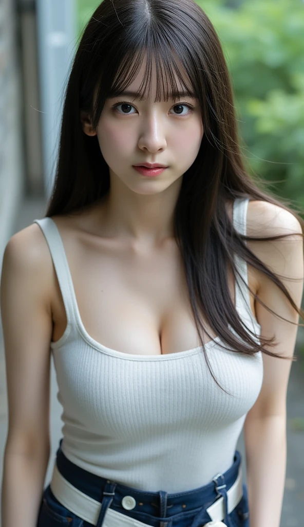 masterpiece、Highest quality, Ultra-high resolution、8k，photograph、1 girl, (Skin dents), (Large Breasts:1.4), bright, , (Asymmetrical bangs, Please comb your hair、very long wavy hair:1.5),   (Floating Hair:1.0)、（A loose black mourning dress with a loose neckline）、Big breasts that can be seen even with clothes on、(Cleavage)、soft, drooping udder、Heterochromia iridis、sad、grassland、Spring Sky、Soft sunlight
