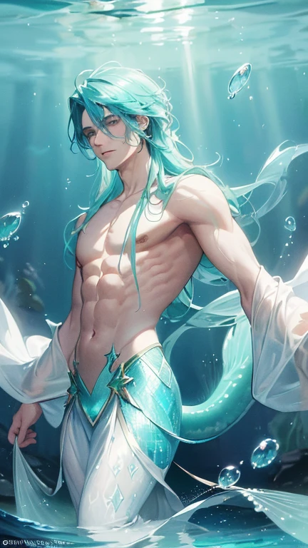 man, masculine, masculine face, attractive, muscular, (((1man))), masterpiece, absurdres, best quality ,intricate details , (shiny skin, shiny body, shiny oily luster skin, shiny hair, pale skintone), Sundown, attractive, ((muscular)), adult, one, earrings, Don't look at the view , Not looking at the view, silver hair, braided hair, perfect detailed face, perfect detailed hands, triton, fins, red eyes, triton ears, ((portait)), smirk, marine sea ornaments, ((in the water)), open chest, (mermaid tail), no legs, ((diving underwater)), under the sea, fishes, masculine features, masculine face