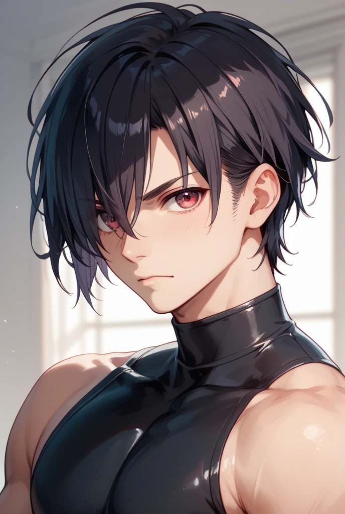 1 boy, short black hair (with two longer strands on both sides of the face), black eyes, black clothes