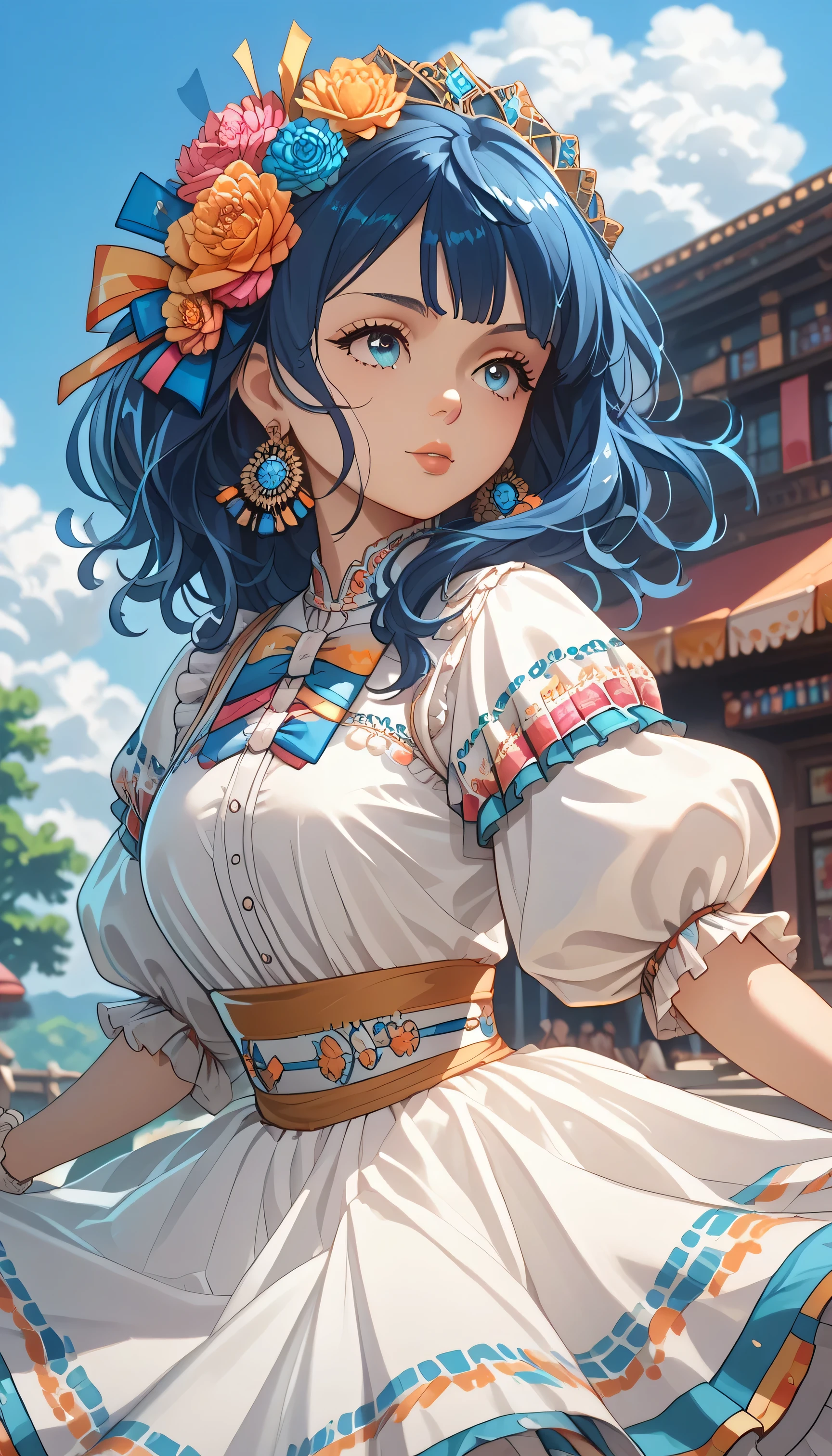yanamianna, blue eyes, medium hair, blue hair, earrings, MexClothes hair ornament, flower, white dress, frills, traditional clothes, ribbon, puffy sleeves, multicolored clothes, colorful clothes, in an anime-style, outdoors, mexican downtown background, sunset