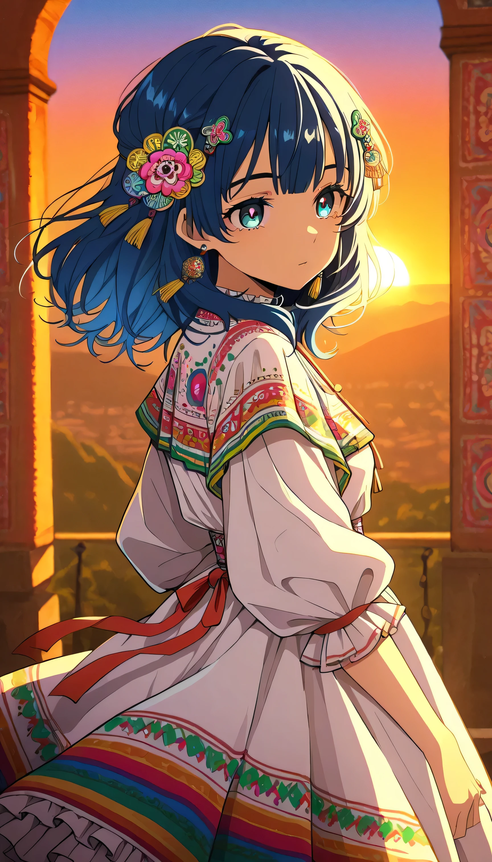 yanamianna, blue eyes, medium hair, blue hair, earrings, MexClothes hair ornament, flower, white dress, frills, traditional clothes, ribbon, puffy sleeves, multicolored clothes, colorful clothes, in an anime-style, outdoors, mexican downtown background, sunset