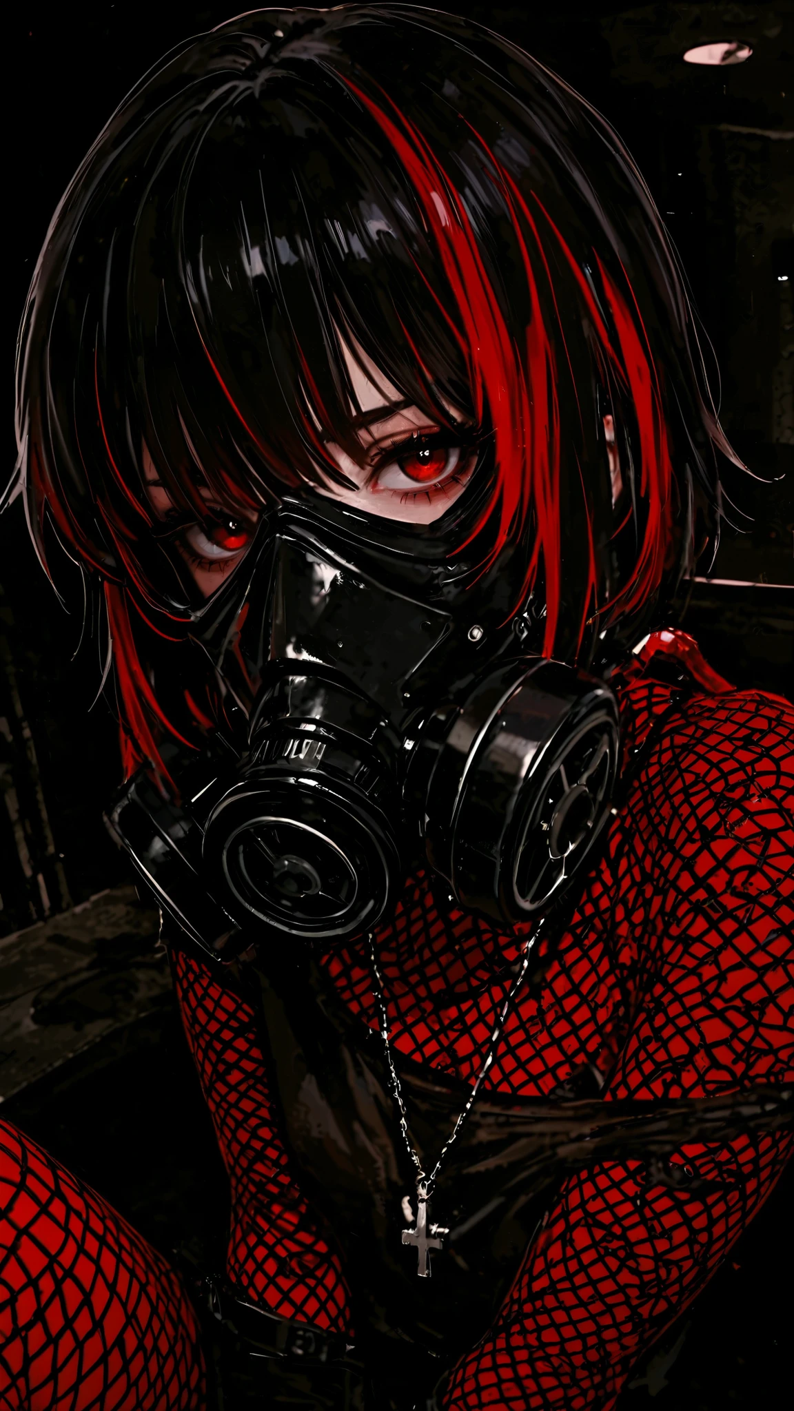 Inside a Modern and Vibrant IT Company Office, side, rubber, , Synogic _illustration,JM によるgradation, spot color, Maoricus, Above Knee Angle , The golden ratio, gradation by beautiful illustrationstration, beautiful Japanese woman, solo, Front Map:1.331, gradation, spot color, viewers, Presenting Whiplash:1.5, A straitjacket enthusiast, (8k, top quality, masterpiece), (realistic, Super Fine Clear),red eyes, (((red mesh on dark hair))),(((Red mesh is mixed in the hair))),short hair, realistic Light, flat chest, Detailed Skin, Closeup, (((Heavy metal costume))),facing, erotic, black t-shirt, Your skin's shoulders are sticking out, cross necklace,Black gas mask, Light from Under Your Feet, Part of Ghost in the Shell in a Bright Playroom, viewersを見つめるバストトップの強化, Sadist Woman's Lyric Poem,