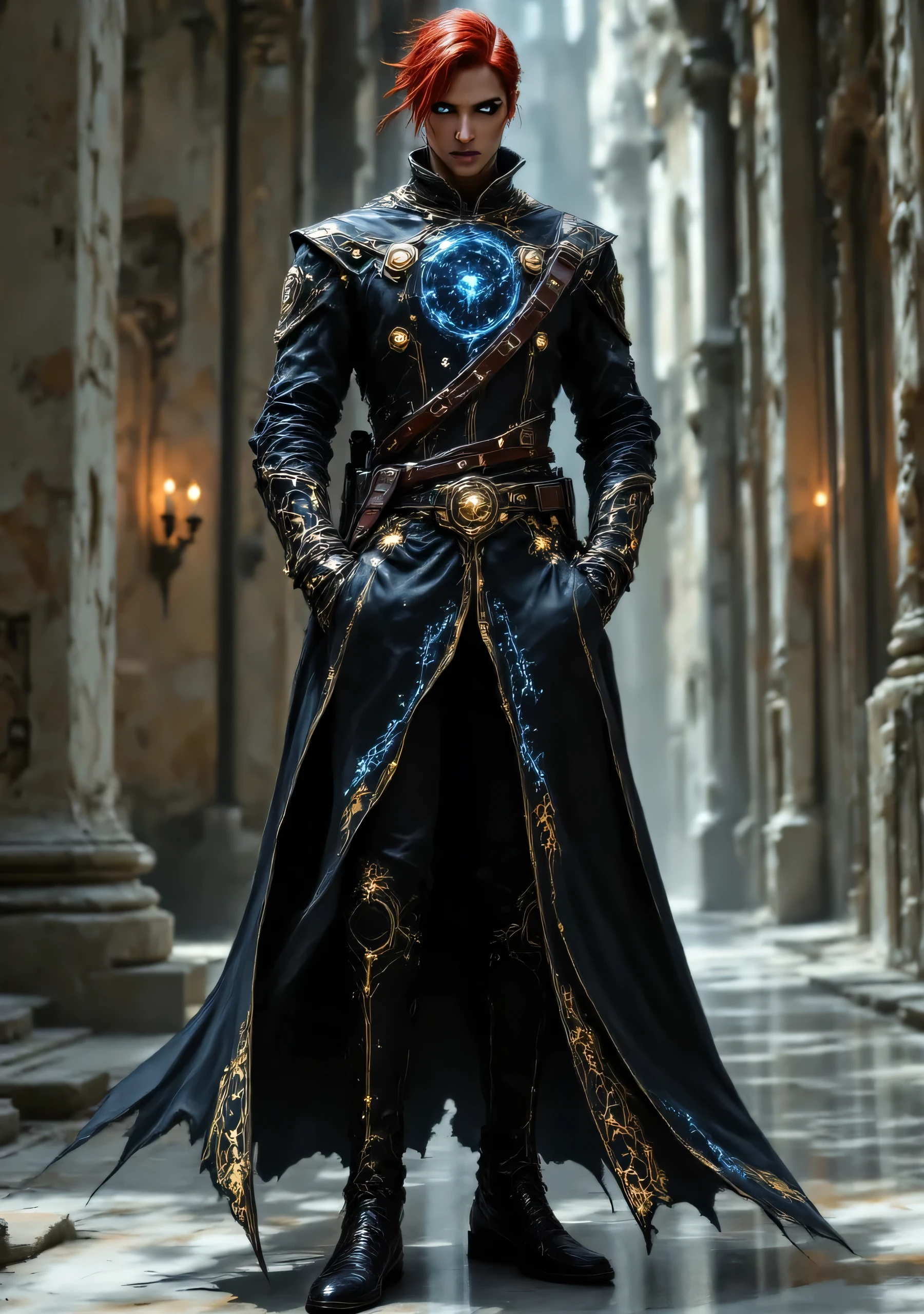 Highlight the symmetrical details tower everything his clothing must have must be in straight lines without much mess and highlight the symmetrical details of his face make everything sharper. And more symmetrical.