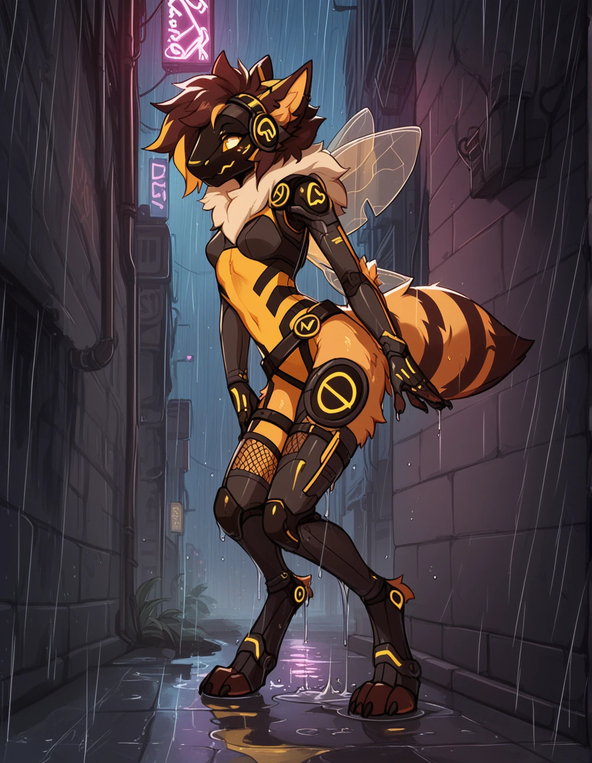 Highest quality, Highest quality, High quality illustrations, masterpiece, Ultra-high resolution, Detailed Background, Alley, night, Absurd, Perfect Anatomy, performance, Good lighting, Shadows in the movies(kemono, Furry Personifi猫ion), fox, Honey Latex, neon, neonカラー, cyber punk, Bee costume, Bee Cosplay, Rubber bee tail, Bee Wings, enamel, Tattoo, High heels, Dynamic Angle