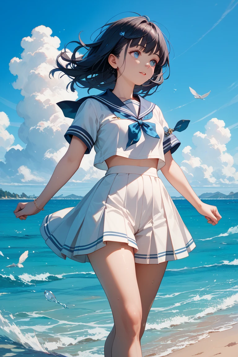 ((highest quality、Masterpiece、Normal body、8k、Detailed face、Ultra-precision、Normal hand、Normal finger、5Finger、Highest))rainbow髪、Sailor suit、Miniskirt、Fashionable underwear、Gentle Breeze、Shy smile、blush、water droplets、soaked、Wet and see-through、Sailor suitがWet and see-throughて下着が見える、Embarrassed, she hides her chest and crotch、rainbow