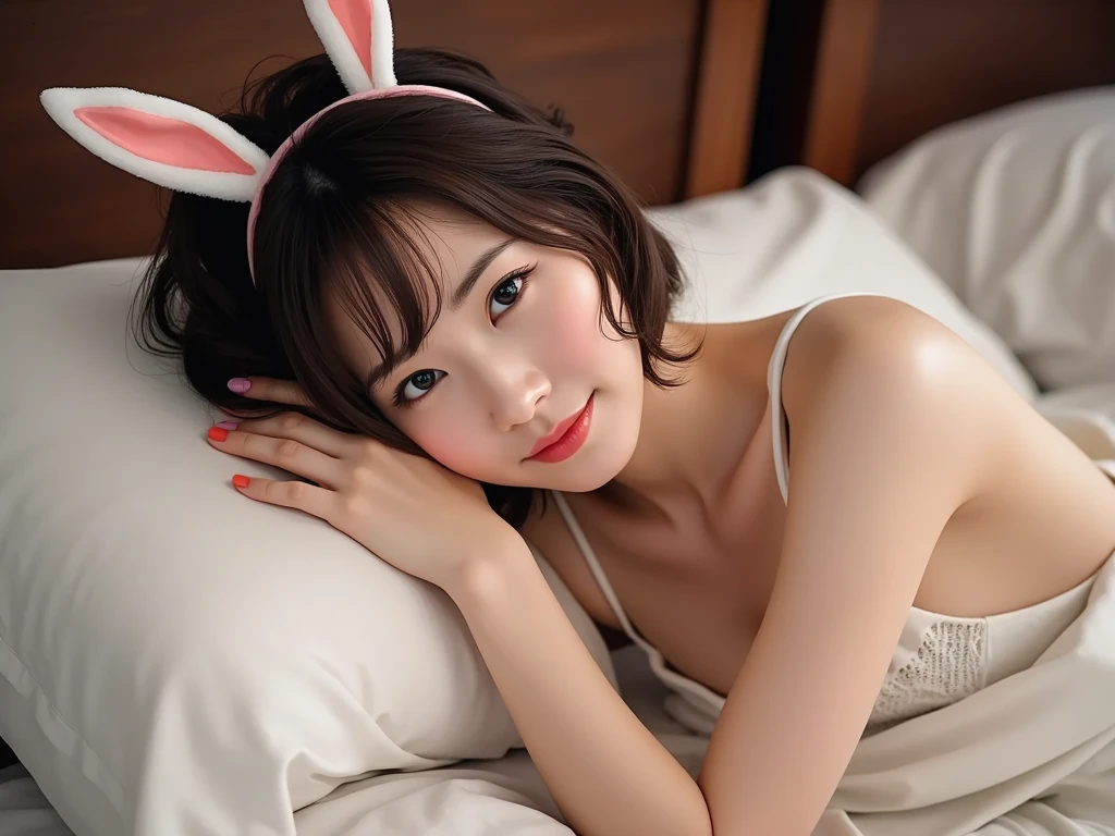 Sleeping in a hotel bed、pyjamas、fullnude、Lying in bed、Pink short cut hair，Sleeping naked、fullnude(8K, top-quality, ​masterpiece:1.2), (realisitic, Photorealsitic:1.37), ultra-detailliert, 1 girl in, Whole body esbifa layer、cute little、独奏、Beautiful detailed night sky、(Beautiful sleeping face:1.15)、、tiny chest、small tits、（short-hair：1.2）、Floating Hair NovaFrogStyle、masuter piece、Pink Shortcut Bob、Realistic rabbit ears、Pink realistic rabbit ears、Realistic ears of rabbits sticking out of the head、Pink hair、Beautiful girl in her 20s、Bewitching atmosphere、Beautiful shaped hands、K-POP、Pink rabbit ears、1 girl in、独奏、​masterpiece、top-quality、realisitic、Hyper-detailing、(Glossy skin:1.4)、absurderes、short pink hair、Slender beauties、动态照明、hight resolution、foco nítido、depth of fields、(thick thight:1.0)、A slender :1.2，((Short-cut bob hair))、((k pop:1.3))，Highly detailed facial and skin texture、((魅惑的))，Anatomically correct number of fingers，Correct anatomy