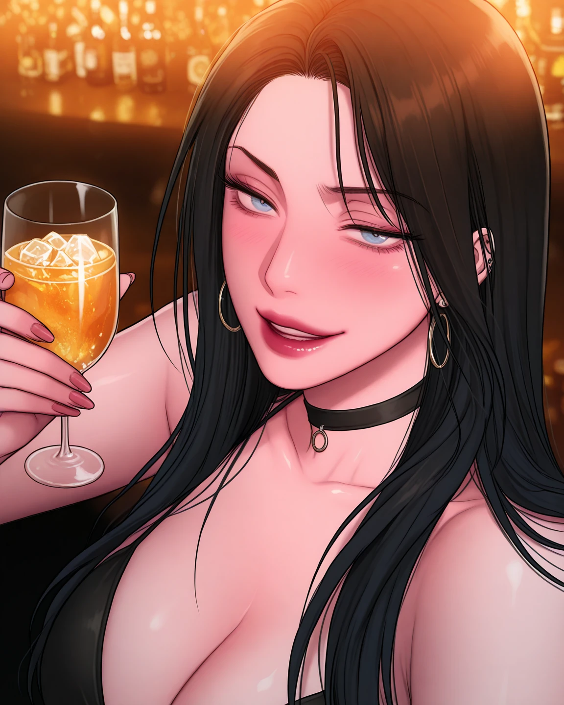 2D woman sensual body big and full breasts tall well-groomed face magician witch anime characters 2Dキャラクター 2Dイラスト long hair Red hair holding a wine bottle in hand