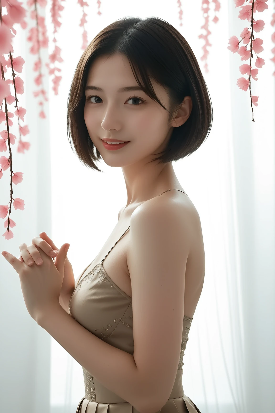 A sexy and charming Japanese woman, elegant and intellectual, confident and generous, exquisite and beautiful face, exquisite collarbone, charming fragrant shoulders, low-cut pink wrap skirt without suspenders, full body photo, body facing the front, beautiful and exquisite pretty face, peach Red lips, fragrant shoulders slightly exposed, breasts looming, focus on the face, seductive and delicate collarbone, ultra-high resolution, tender and smooth skin, very realistic details, simple background, Bright Background, ultra-high-definition, outstanding details, 8K, blushing face, Attractive collarbone, sexy shoulders,solo,bob hair, short hair,smile,