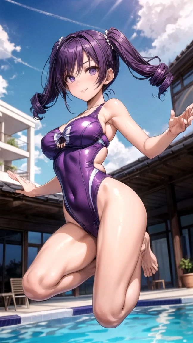 (4K,masterpiece,Highest quality,Super detailed),squat,(From behind,From the back,Recall),(Dawn,bloom),((alone)),(Beautiful Japan),(Teen),(Medium Hair,Beautiful black hair,Straight hair),(Beautifully detailed face,Beautiful attention to detail,Detailed skin),(Medium-sized beautiful breasts,big and beautiful hips),(Fair skin),thin,A light smile,shy,(Wet one piece competitive swimsuit),(Poolside),Realistic,