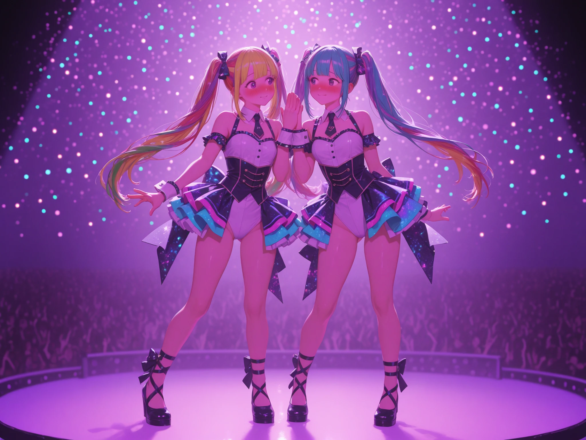 <lora:3dprinted_v10:0.8>(3D Printed:1.3), PLA skin texture,(mememe:1.3), (long hair:1.1), pretty face, detailed face, eyes, blue hair, solo, entertain, drunk, dance pose, waving,breasts, pink dressed with purple gloves, distant distance, hdr light reflection, <lora:mymememe_78:0.7>, volumetric clouds, central theatre, scene lights, action movie clip, dance party, strong shadows