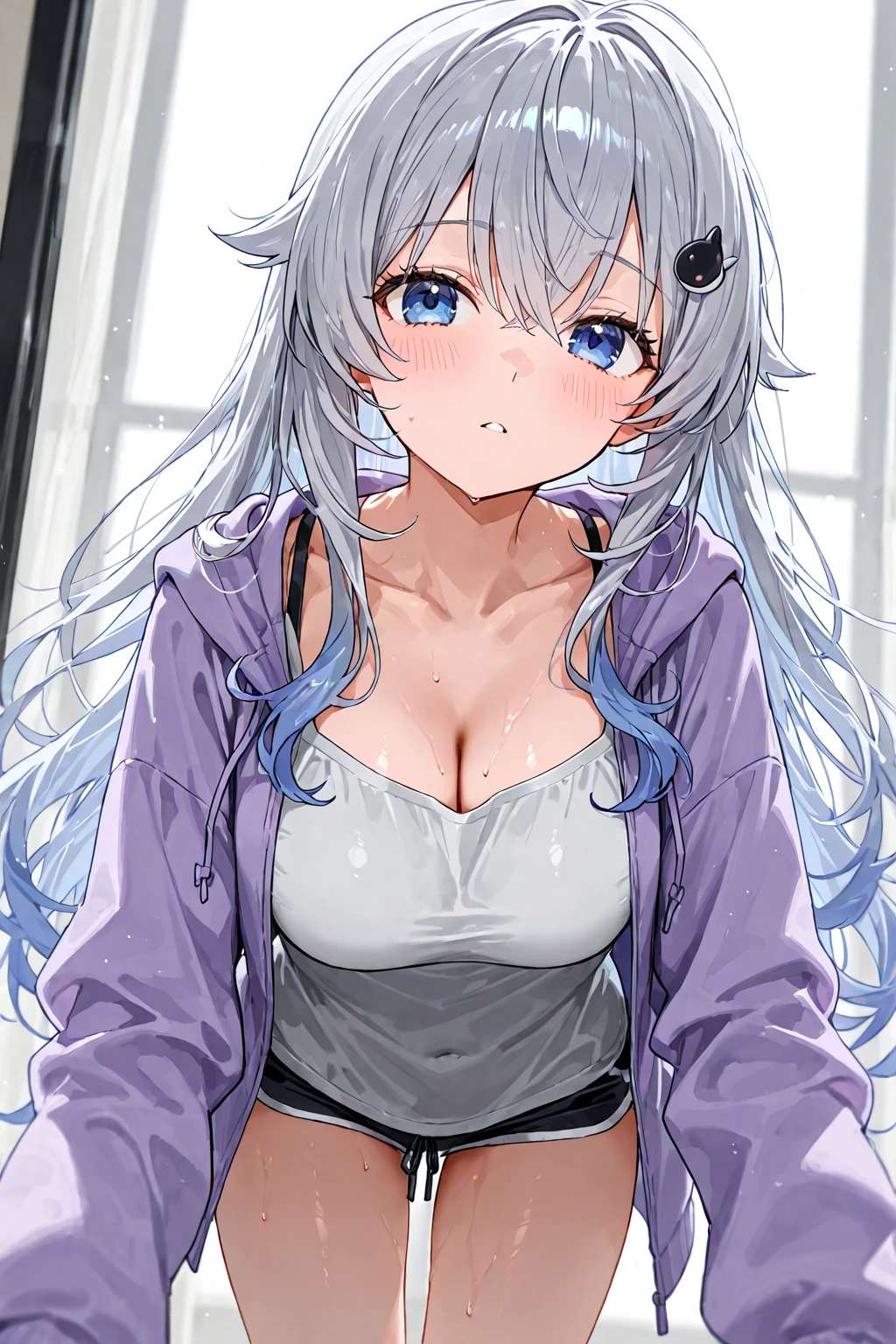 ((Tilt your body forward)), (Place your hands on your hips pose), ((Pose with emphasis on the chest)),(She was very embarrassed and blushed).(A bright red face that was very excited with shame),,(blush),(Broad white and thin shirt with chest), (A white and thin shirt with a wide open chest), (Oversized thin white t-shirts), ,(loose t-shirt),(oversized shirt), (shirt), (off shoulder), No bra, braless, downblouse, leaning forward, bright_skin, beautiful eyes, She reached a sexual climax, oversized T-shirt, shirt, off shoulder, loose t-shirt, leaning forward, oversized shirt, shirt, (off shoulder), cleavage, outdoors,1girl,solo, leaning forward, collarbone, 
chris yukine,yukine_chris, long hair, low twintails, purple eyes, silver hair,  face, , cute face, 
