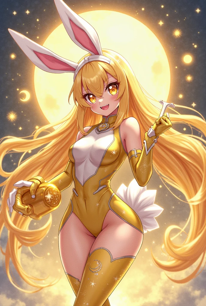  ((masterpiece,best quality,ultra-delicate,Perfect Face,16k,high resolution,very beautiful woman)),(blue skin:1.2,red sleeveless jacket), purple panties,bunny ears,large breasts,open eyes,purple bowtie,gold long hair,smile,seductive pose,full body shot