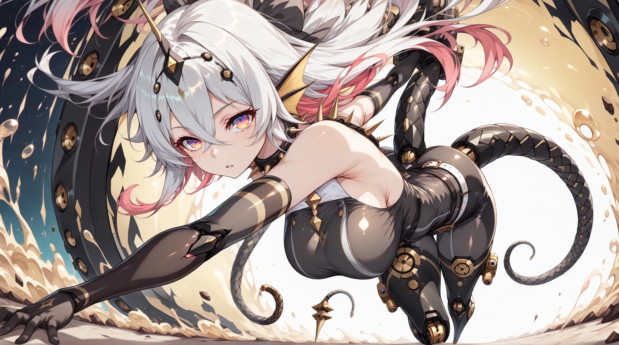 (photorealistic:1.8, highest quality:1.8,8K masterpiece:1.8,High resolution,muste piece:1.8,RAW Photos,cinematic lighting),No split screen、cyber punk、Highway at night、rain-soaked ground、
 (1 android girl:1.3)、Completely naked、choker、beautiful breasts、T-shirt、bikini、beautiful butt、beautiful thighs,plump nipples、(Nipples visible through clothing)、cameltoe、
Body painting with a pop design drawn all over the body、pop art design、cutting edge fashion、conceptual art、
(Suspension by tentacles:1.6)、（Countless tentacles wrapped around the body: 1.5）、(Tentacles clinging to:1.5)、（Tentacles tangling around the nipples：1.5）、（Tentacles wrapped around the crotch: 1.5）、（Tentacles tangled in both legs:1.5）、giant octopus、attacked by tentacles、
open your mouth、tentacle enters mouth、180 degree spread legs、lie down、lift your hips、
(Beautiful shining vermilion black and white hair:1.5)、shining blue eyes、Delighted、Ahegao、
normal ears