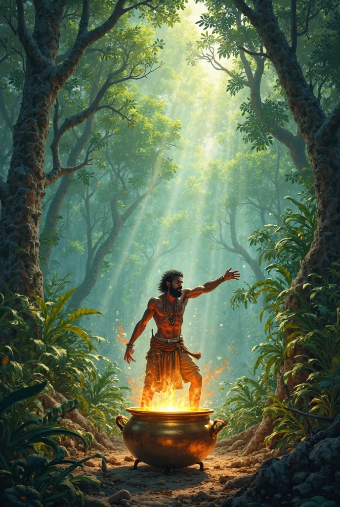 create an Indian holding a glass jar with fire inside in the middle of the forest for a comic book