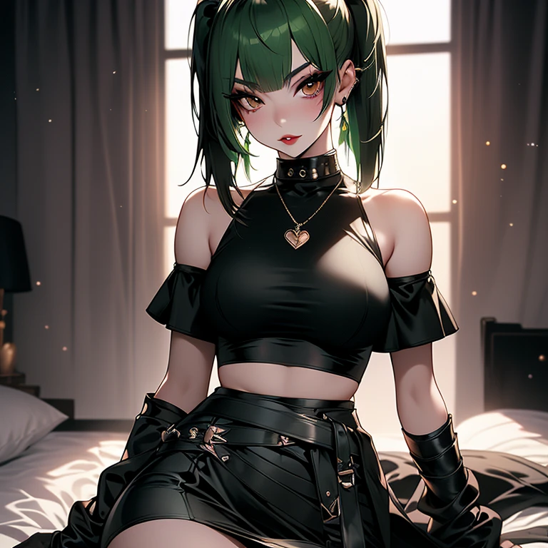 1girl, green hair, dark skin