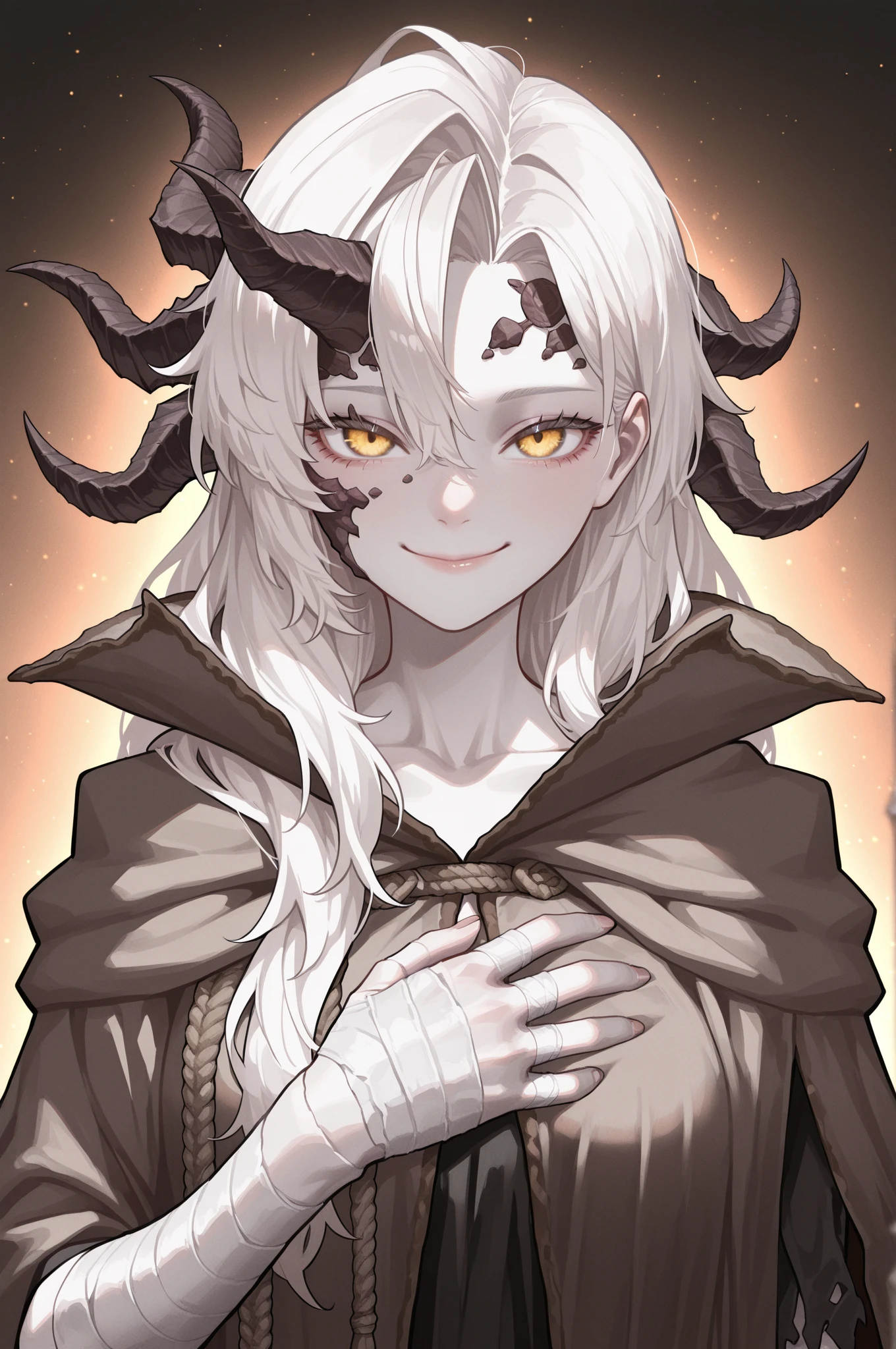 Humanoid creature, gray skin, yellow glowing eyes, extra eye on her forehead, elf ears, very long silver hair, sharp teeth, smiling, long horn