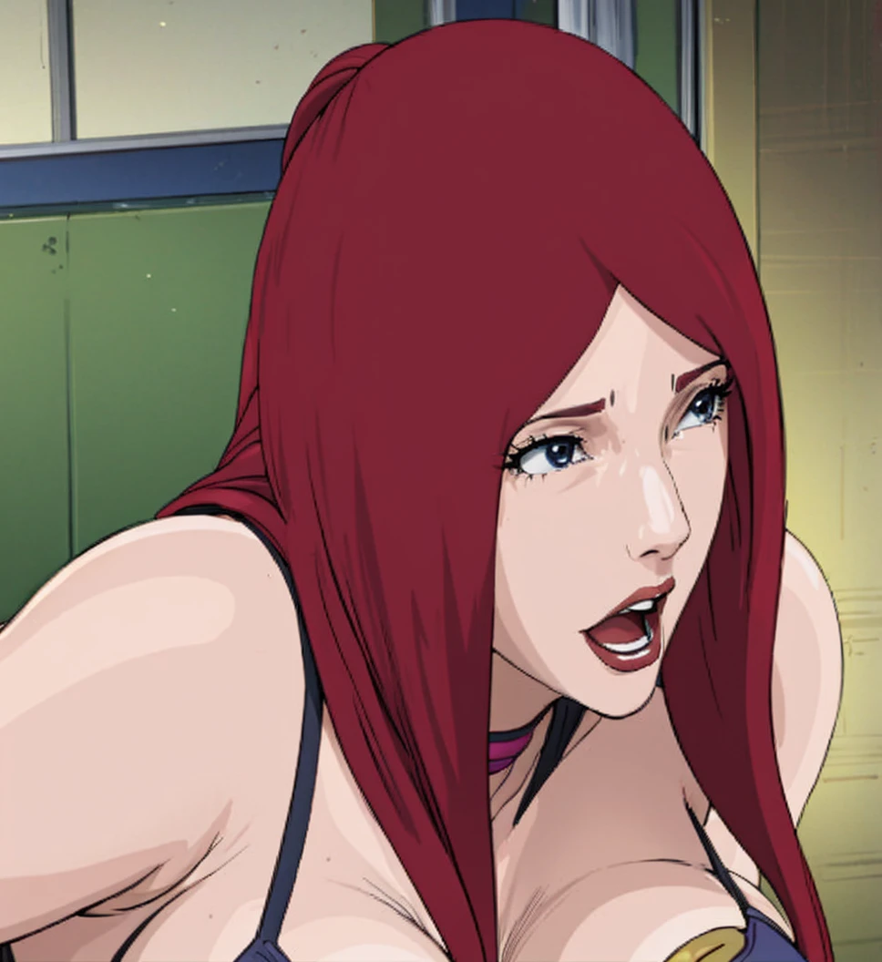Redhead Kurenai in a sexy strap lingerie,kissing a black man, in a bar,,black stockings, milf,big breast,thick milf,couple kissing, standing kiss