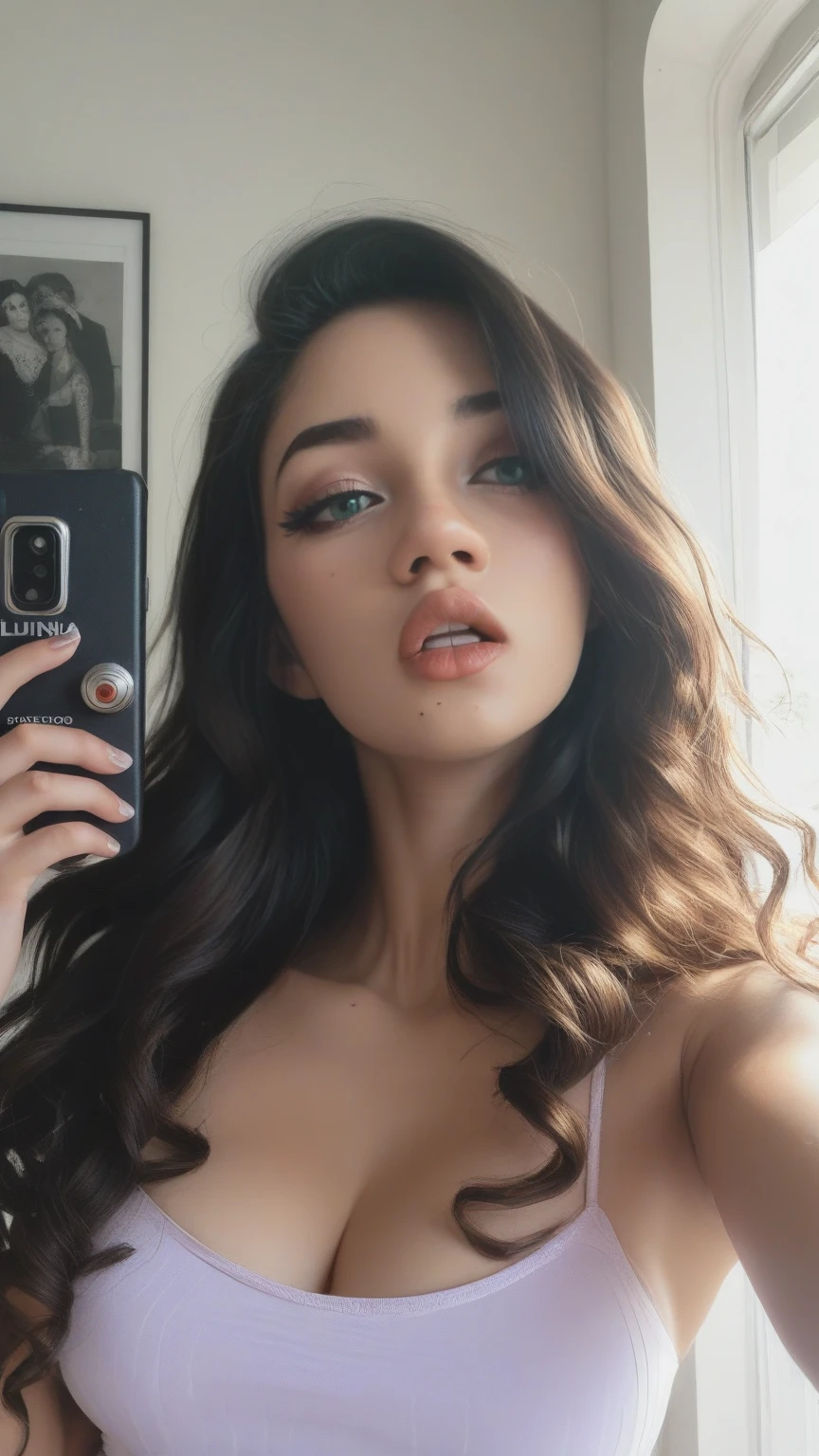 ((Selfie)),(((Watching Viewer))),((dark skinned female:1.1) (makeup, lip stick, eye line, mascara, eyeshadows),((Ecstasy)),((Random hair)),(((Random hair color))),(Selfie)(Squatting),(Big breasts with firmness),(Open mouth:1.3),(Shirt tied at the front)