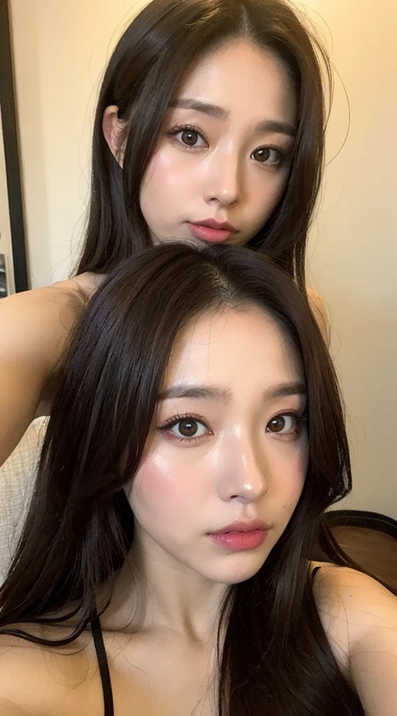 ((Best quality, 8k, Masterpiece :1.3)), Whole body, Sharp focus :1.2, A pretty woman with perfect figure :1.4, Slender abs :1.2, ((Dark brown hair, Big breasts :1.2)), Highly detailed face and skin texture, Detailed eyes, Double eyelid, Small Bust, exposed cleavage, bathroom, selfie