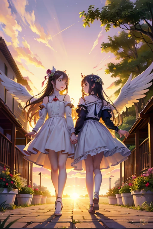 kawaii, anime, Cute, hyper quality, highly detailed, 8k, Front facing, Clarity, dark brown long hair, smile, green eyes, white rose, Set in Alice's Wonderland, planted white roses, white rose petals are dancing, Draw facial expressions in detail, striped overknee socks, Alice's maid costume with big ribbon, mark with sue, playing cards, clock, fairy tale, fantasy, shine of light, close both eyes, close your eyes and smile, The bodies of the two sisters dance, Gradation of evening and night sky, full moon and crescent moon, whole body, Twisted trees of different sizes, twisted ivy, Both sisters have long dark brown hair., white roses bloom, white rose petals, small angel wings on the back, striped long socks, The sky dyed in twilight, rising ground, ribbon headband, undulating rose thorns, 	