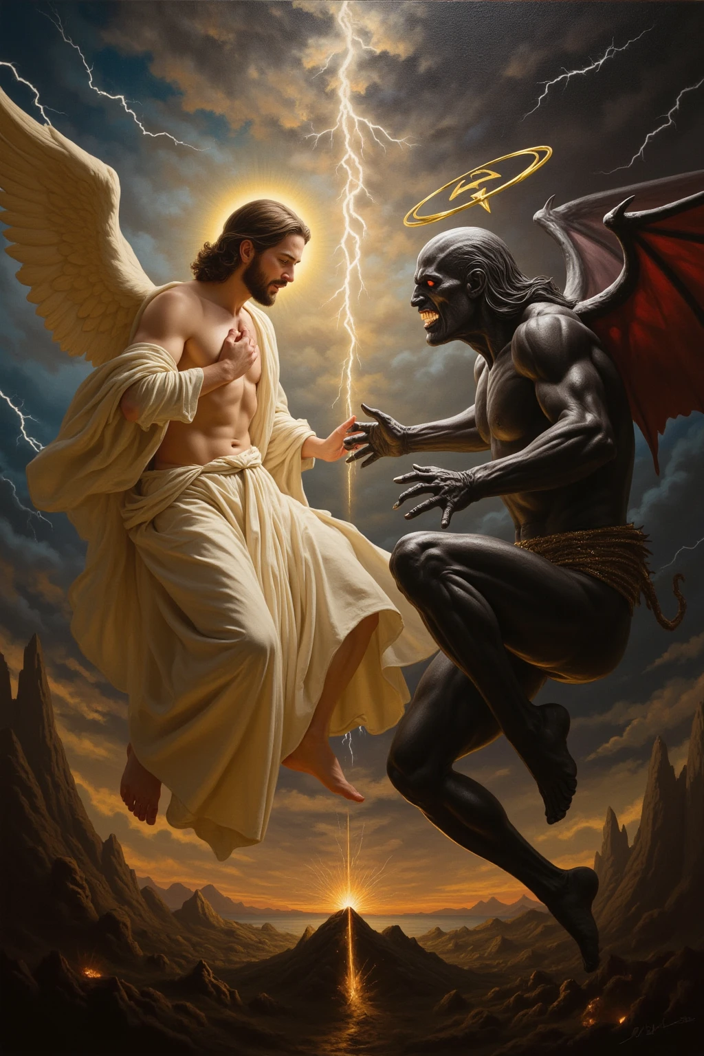 Bible inspired oil painting, Imagine an angel thrusting a dagger into a demon and the demon looking anguished,  oil painting impasto