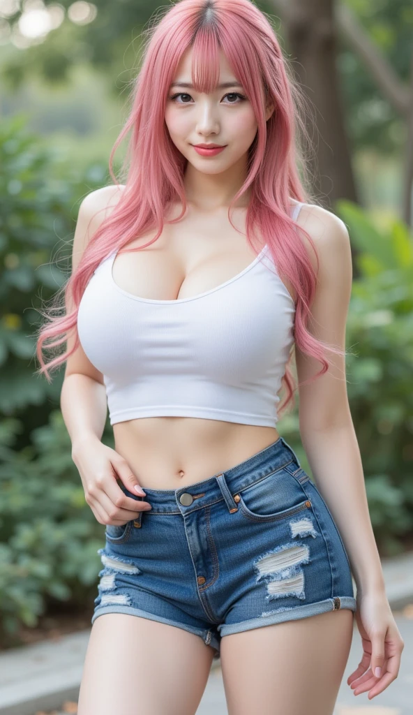 Mulher de 35 anos, ruiva, com olhar sexy, wearing a pink blouse that covers up to the waist, com seios avantajados, a pair of baggy jeans. Ao fundo da imagem, uma parede verde no estilo Chroma-key . She's got her hands down, And the picture catches from your head to