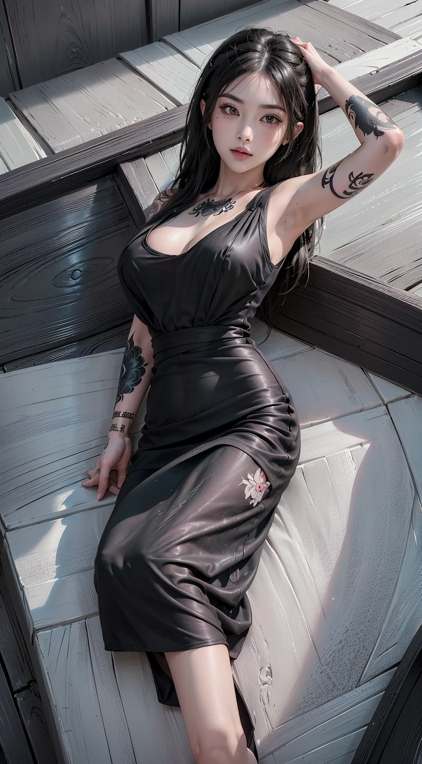 work of art, best qualityer, extremely detail 8k cg, high resolution, 1 girl, Kurenai Yuhi, Bblack hair, Eyes red, Fine body, Breasts huge, breasts bursting, black t-shirt dress, sleeveless, neckleace, plein-air, Garden, beautiful face, full shot photo, whole body