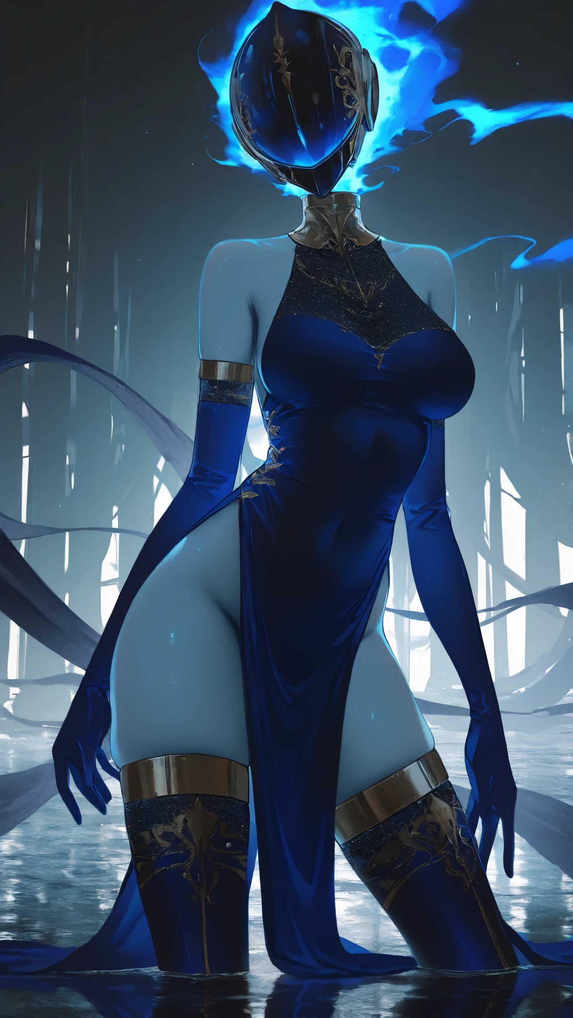 full body, head to toe, standing straight symmetrical, feet together, arms behind body, hide arms, shackles on knees, A tall and beautiful elf woman, light blue glowing eyes, cold expression, proud posture, chest up, lavender skin, purple facial tattoos, silver tied hair, exposed chest, exposed shoulders , showing her navel and thighs, looking up at the camera, with sweat on her body, her wet body, in a medieval inn.
