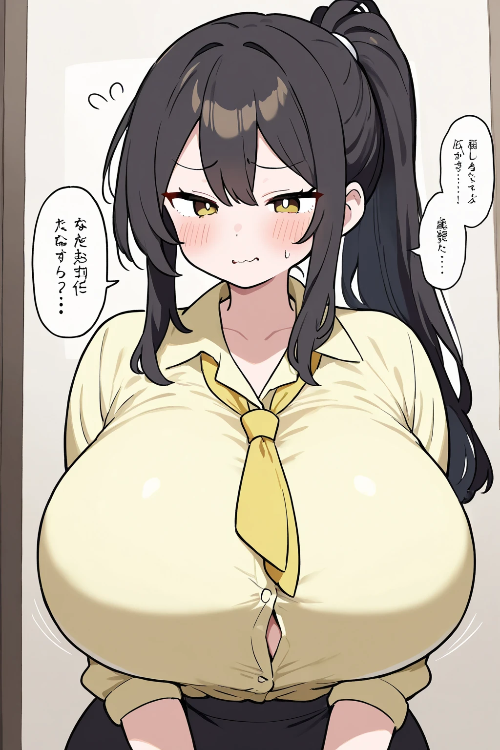 muscular girl huge breasts against wall black hair yellow eyes frown sad blushing tight red shirt muscular muscular