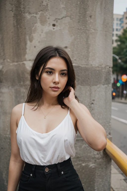 masterpiece, best quality, RAW photo , Laurence Bush Marina Haley, brown eyes, brown hair, lipstick, smile, long hair, detailed skin texture, (blush:0.5), wearing a tshirt and jeans, 8k, uhd, sflr, soft lighting, high quality, film grain, Fujifilm XT3, hyper realistic, detailed, empty City street in background, beautiful, thai, elegant,photorealistic,high resulution,8K, best quality, detailed shadows, raytracing, bokeh, depth of field, wind 0:5, detailed hair, beautiful face, beautiful girl, ultra detailed eyes, realistic skin,, intricate tree shadows, normal skin, ultra detaield hair, perfekt hair detail,pores, thin face, wind:0.1, sharp, nikon, 85mm f/1.4, 15mm, 35mm, ultra detailed hair, perfect hair, ultrarealistic:1.5, high contrast, agne